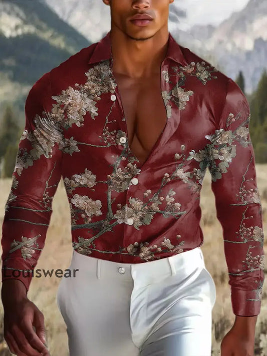 Herren Outdoor Vintage Western Ethnische Blumenmuster Royal Casual Baumwolle Satin Langarm Hemd Weinrot / S