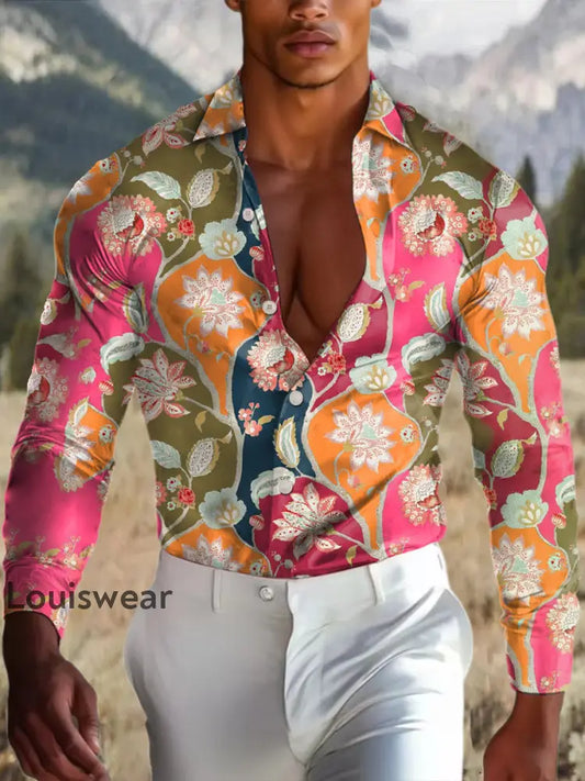 Herren Outdoor Vintage Western Ethnische bunte Blumen pflanzen Royal Casual Baumwolle Satin Langarm Shirt als bild / S