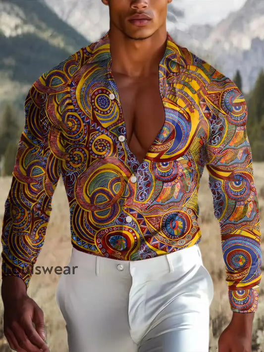 Herren Outdoor Vintage Western Ethnische bunte Kunst Floral Royal Casual Baumwolle Satin Langarm Hemd als bild / S