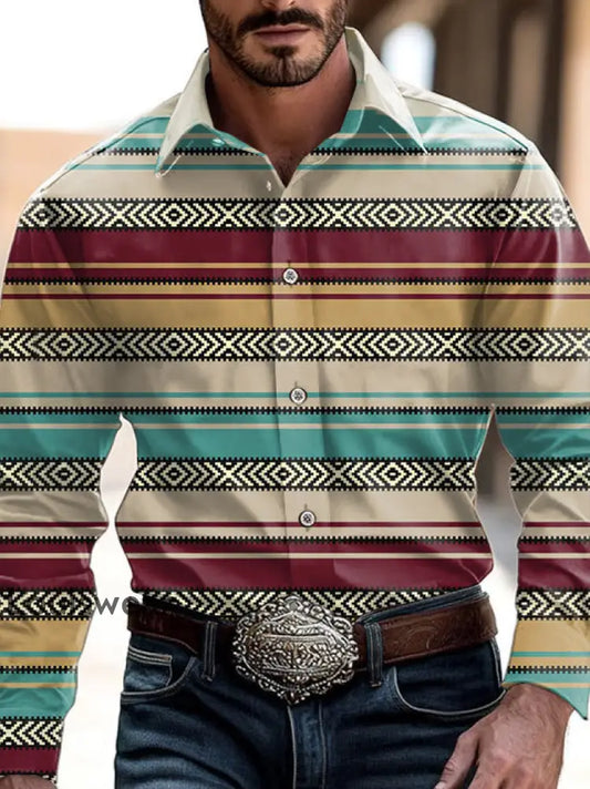 Herren Outdoor Vintage Western Ethnische bunte Streifen Muster Lässiges Baumwoll-Langarm-Shirt als bild / S