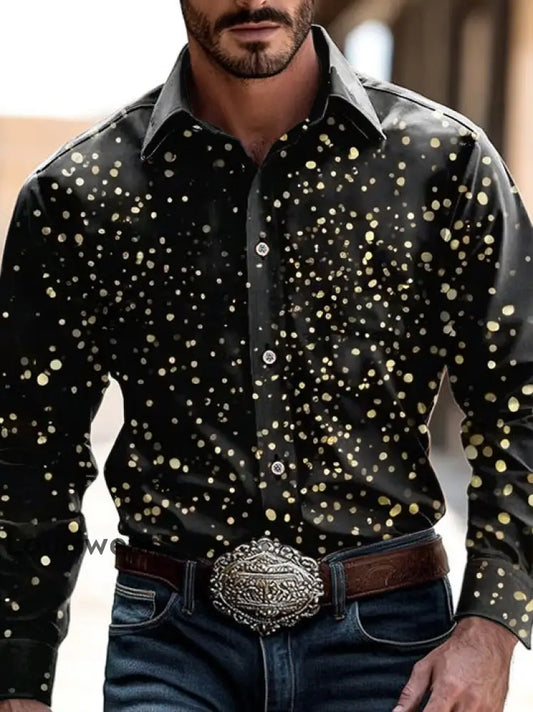 Herren Outdoor Vintage Western Highlights Pailletten Party Muster Lässiges Baumwoll-Langarm-Shirt Schwarz / S