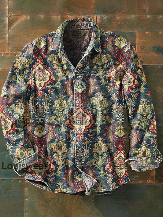 Herren Retro-Blumen druck Lässiges Langarm-Revers hemd als bild / S