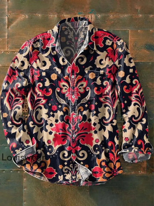 Herren Retro-Blumen druck Lässiges Revers-Langarm-Shirt als bild / S