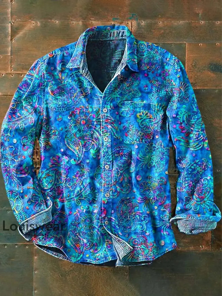 Herren Retro-Blumen druck Lässiges Revers-Langarm-Shirt Hellblau / S