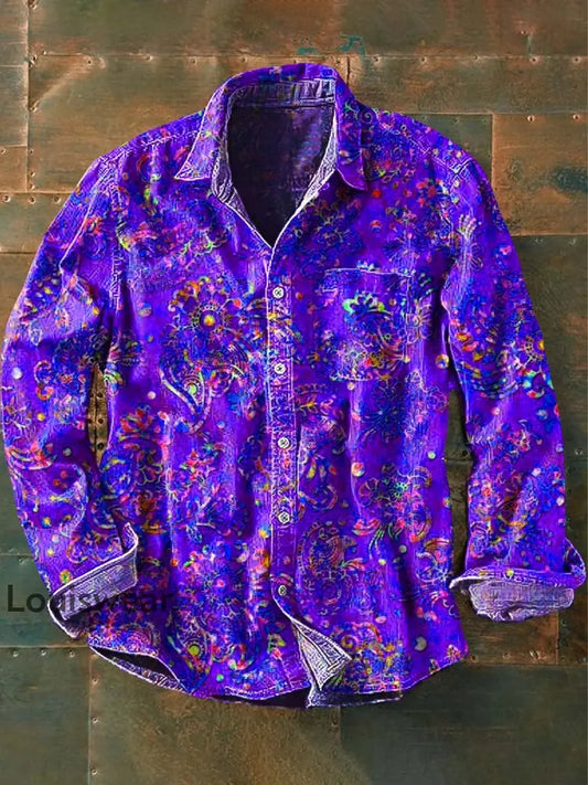 Herren Retro-Blumen druck Lässiges Revers-Langarm-Shirt Lila / S