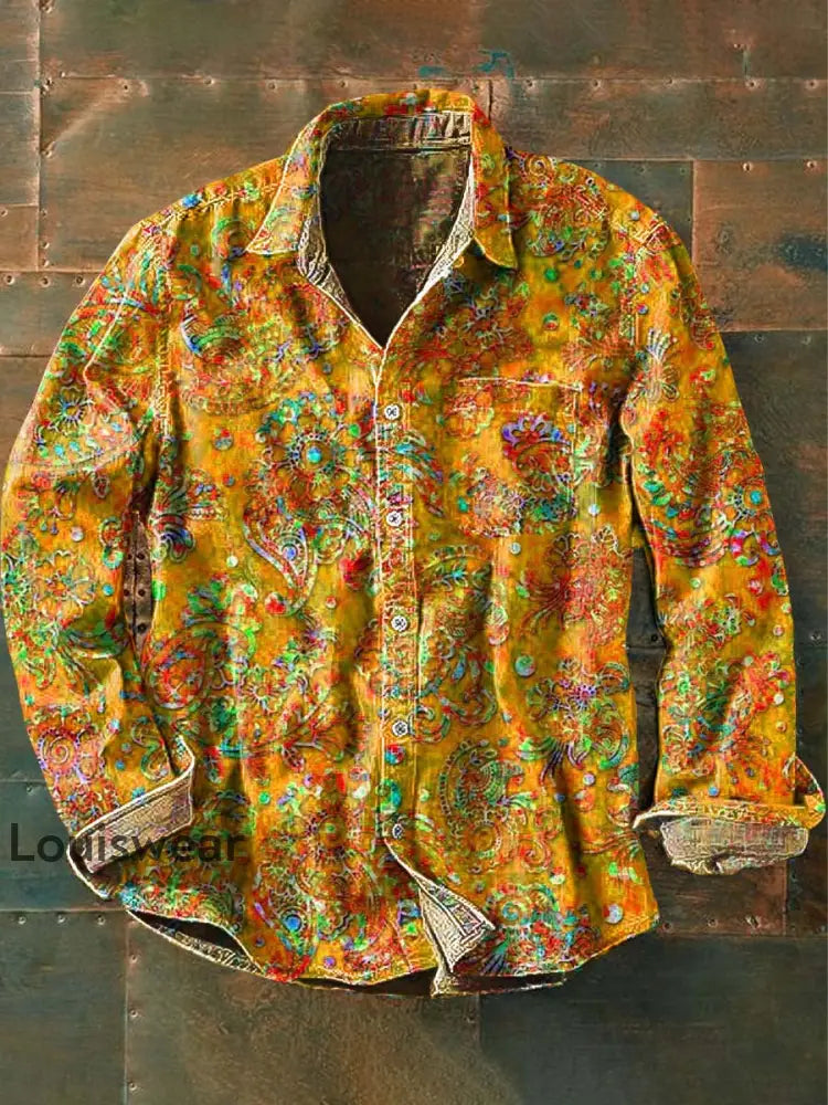 Herren Retro-Blumen druck Lässiges Revers-Langarm-Shirt Orange / S