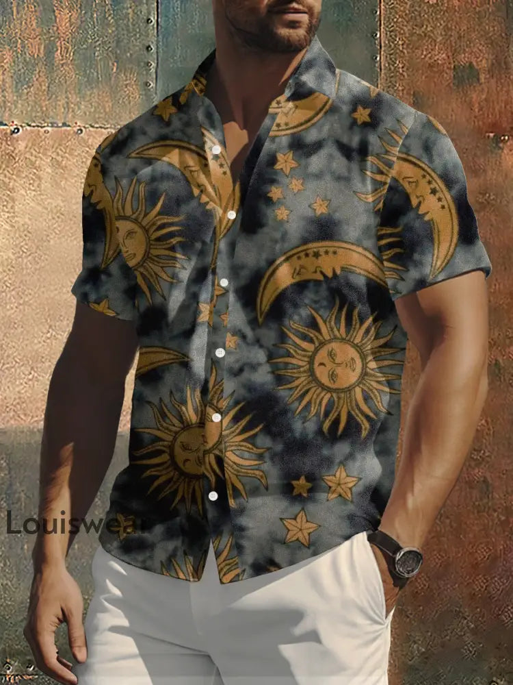 Herren Retro Böhmen Stil Sun Print Freizeit hemd bunt / S