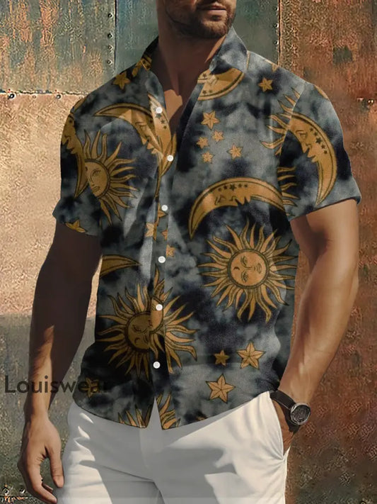 Herren Retro Böhmen Stil Sun Print Freizeit hemd bunt / S