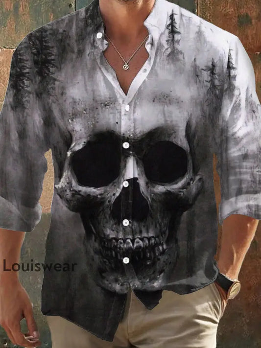 Herren Retro-Dunkles Stil Misty Wald Print Langarm Hemd bunt / S
