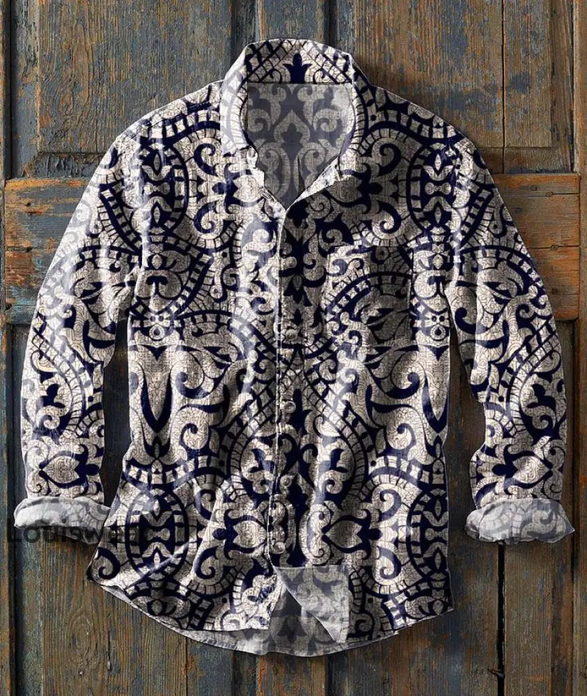 Herren Retro Ethnic Print Lässiges Revers Langarm Hemd als bild / S