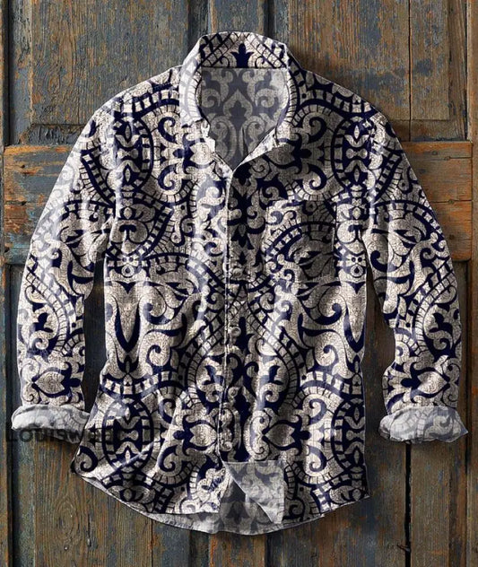 Herren Retro Ethnic Print Lässiges Revers Langarm Hemd als bild / S