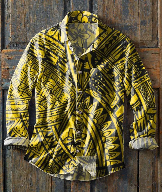Herren Retro Ethnic Print Lässiges Revers Langarm Hemd als bild / S