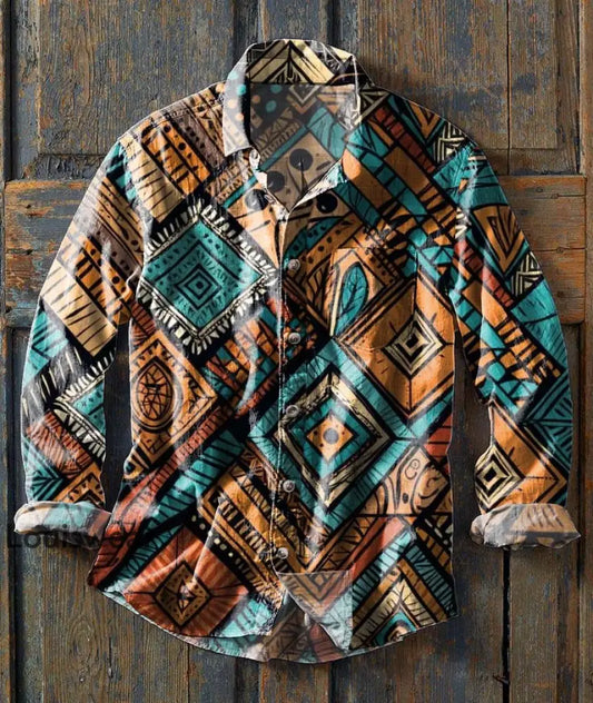 Herren Retro Ethnic Print Lässiges Revers Langarm Hemd als bild / S