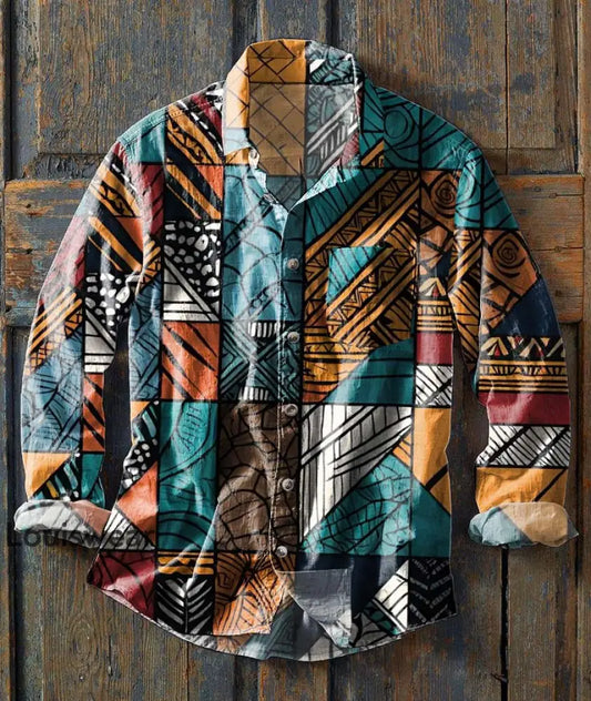 Herren Retro Ethnic Print Lässiges Revers Langarm Hemd als bild / S