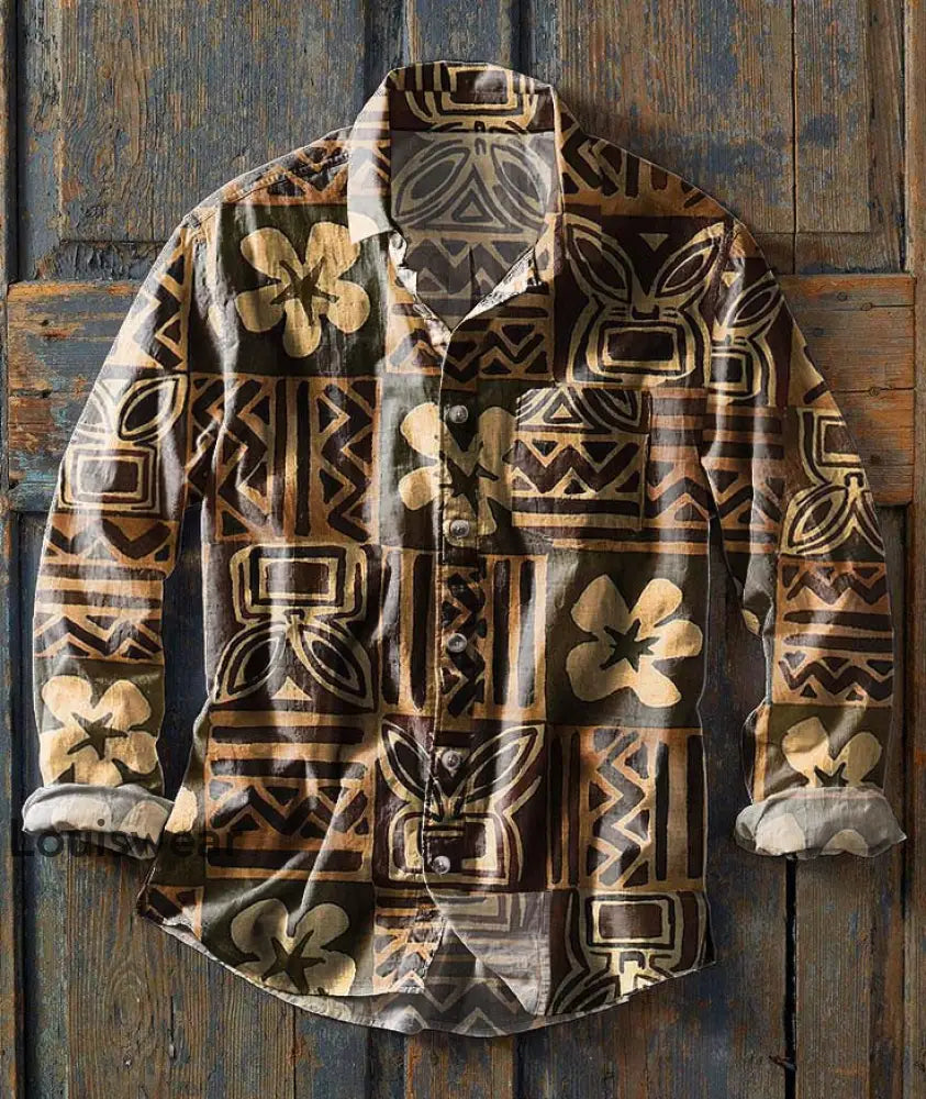 Herren Retro Ethnic Print Lässiges Revers Langarm Hemd als bild / S