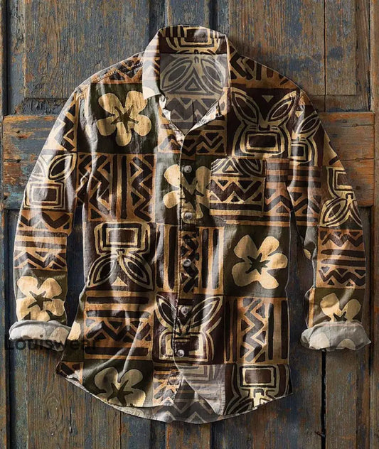 Herren Retro Ethnic Print Lässiges Revers Langarm Hemd als bild / S