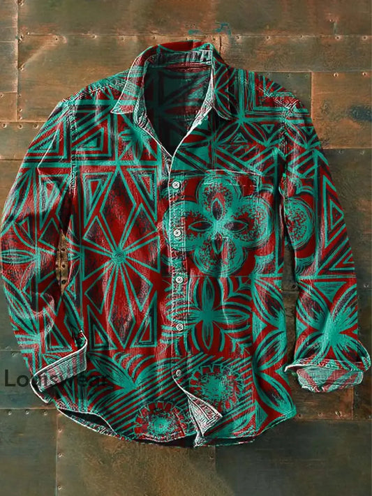 Herren Retro Ethnisch gedruckt Lässiges lang ärmel iges Revers hemd als bild / S