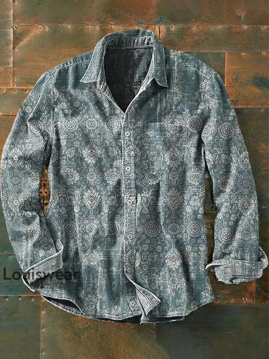Herren Retro Ethnisch gedruckt Lässiges lang ärmel iges Revers hemd als bild / S