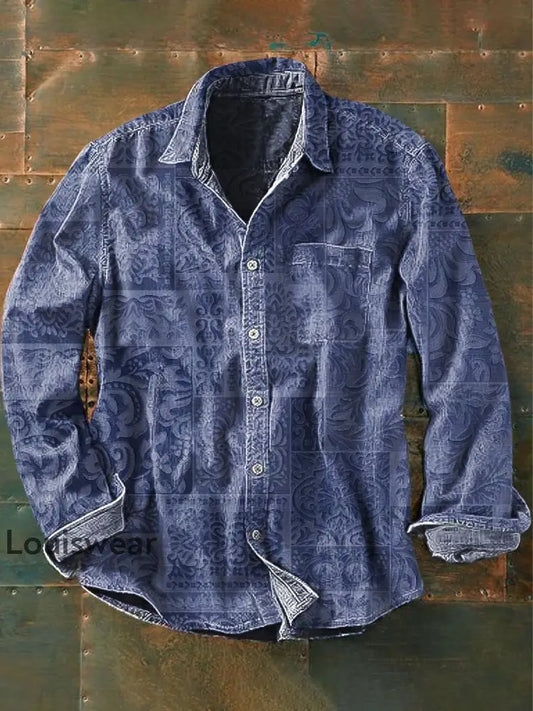 Herren Retro Ethnisch gedruckt Lässiges lang ärmel iges Revers hemd als bild / S