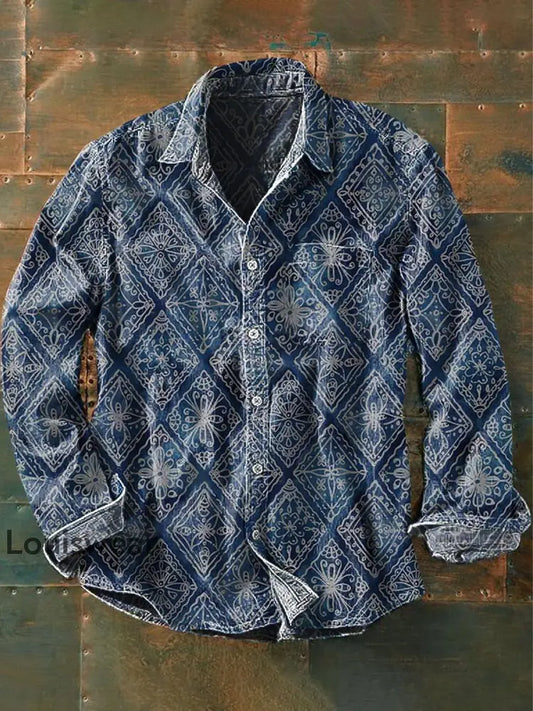 Herren Retro Ethnisch gedruckt Lässiges lang ärmel iges Revers hemd als bild / S
