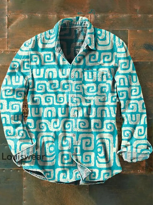 Herren Retro Ethnisch gedruckt Lässiges lang ärmel iges Revers hemd als bild / S
