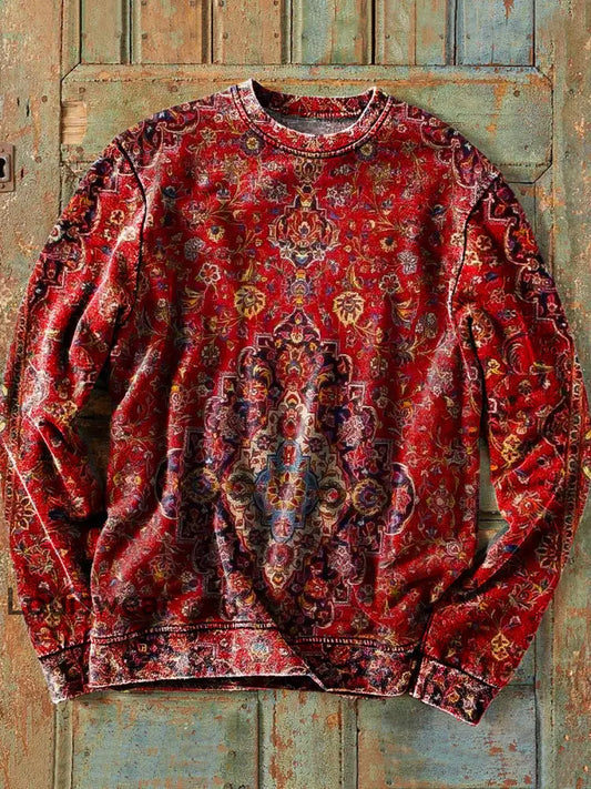 Herren Retro Ethnische Blumen kunst Print Baumwoll-Sweatshirt mit Rundhals ausschnitt bunt / S