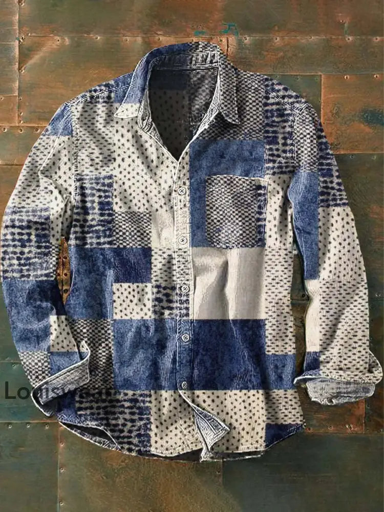 Herren Retro-unregelmäßiges Farbblock-Druck-Lässiges Revers-Langarm-Shirt als bild / S