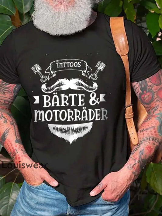 Herren Tattoos bärte & motorrad bedrucktes Kurzarm-T-Shirt Schwarz / S