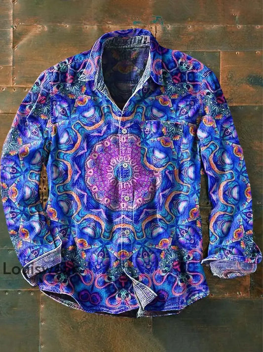 Herren Tribal Abstrakt Blumen druck Lässiges Revers Langarm Hemd als bild / S