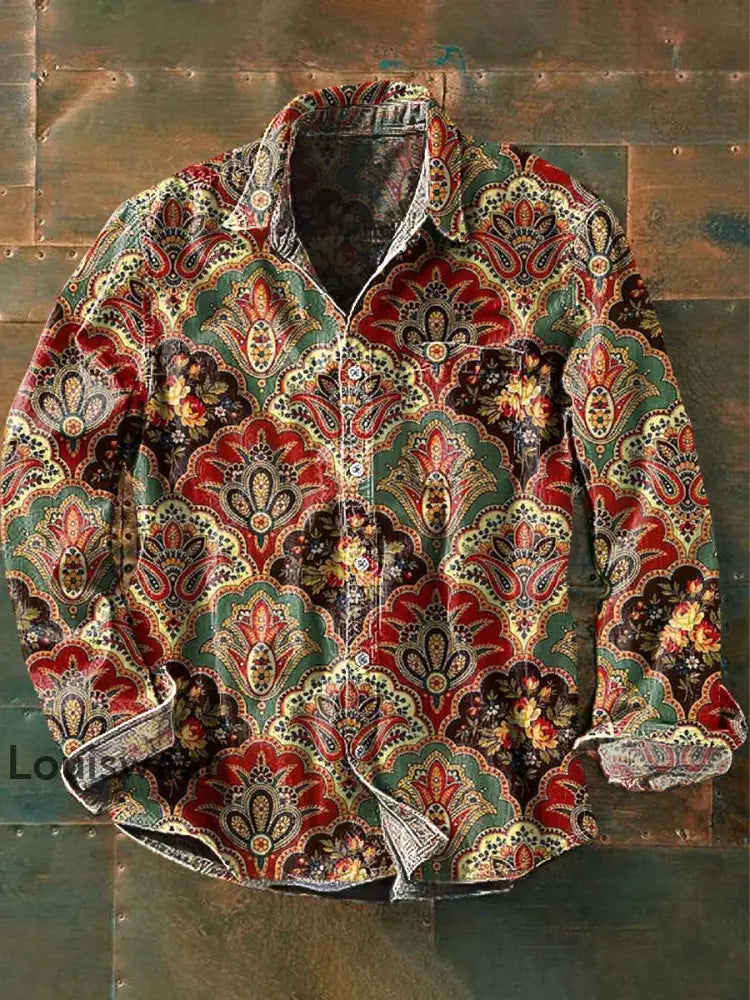 Herren Vintage-Blumen bedrucktes lässiges langärmliges Revers hemd als bild / S