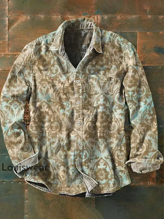 Herren Vintage-Blumen bedrucktes lässiges langärmliges Revers hemd als bild / S
