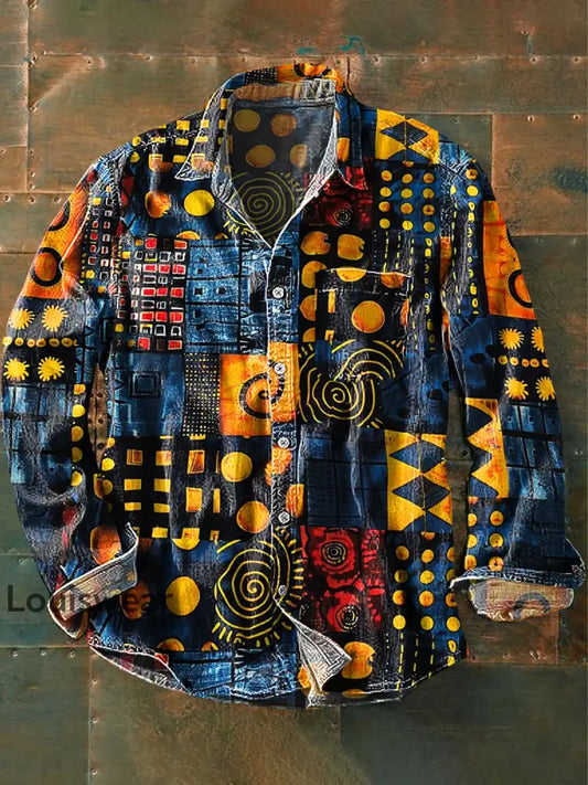 Herren Vintage Bunte unregelmäßige geometrische Kunstdruck Revers Langarm Taschen hemd bunt / S