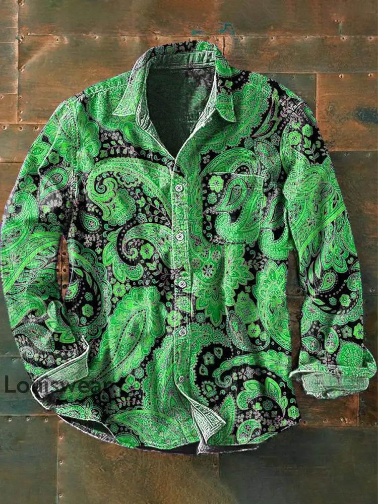Herren Vintage Cashew Blumen druck Lässiges Langarm-Revers hemd Grün / S