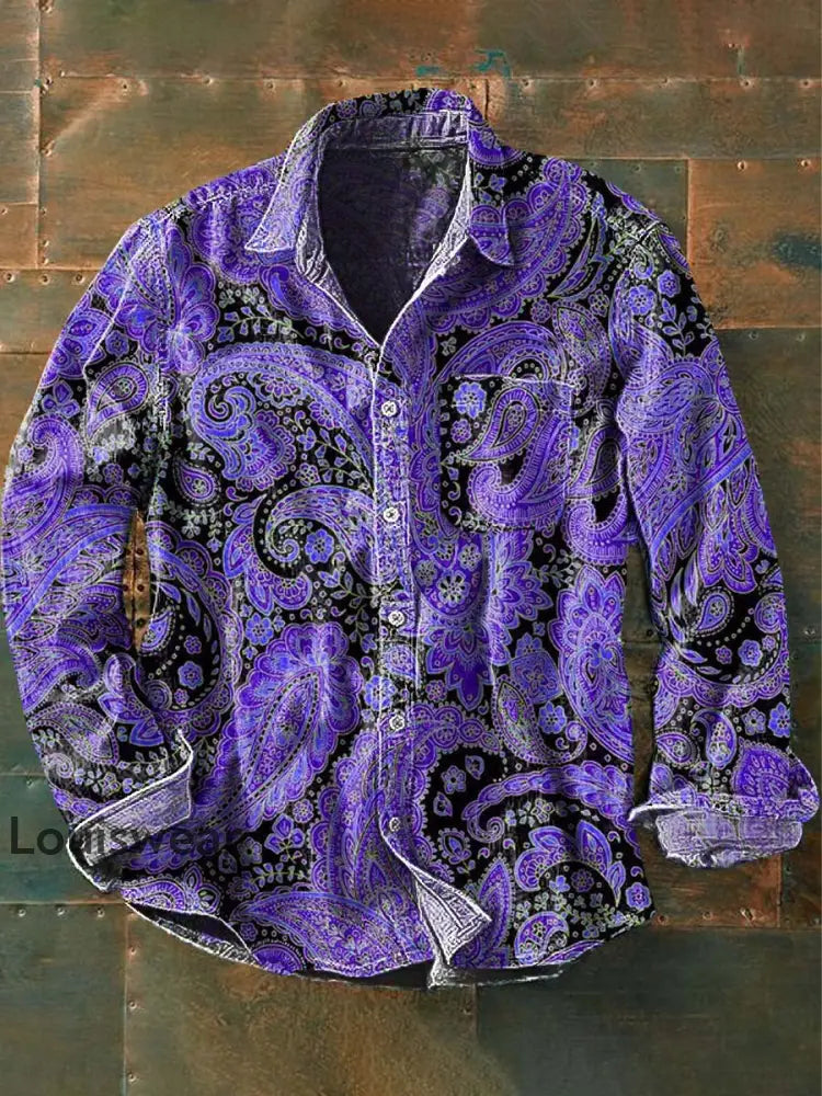 Herren Vintage Cashew Blumen druck Lässiges Langarm-Revers hemd Lila / S