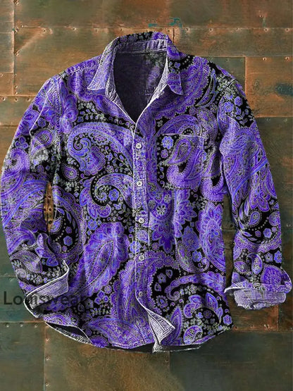 Herren Vintage Cashew Blumen druck Lässiges Langarm-Revers hemd Lila / S