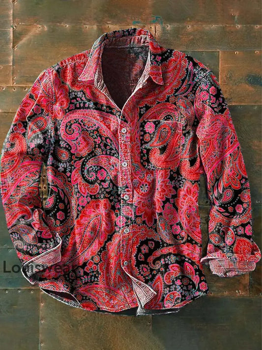 Herren Vintage Cashew Blumen druck Lässiges Langarm-Revers hemd Rot / S