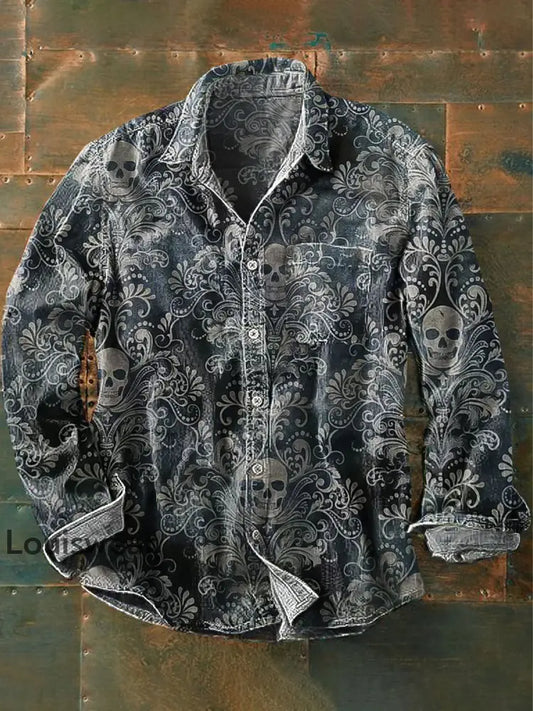 Herren Vintage Dark Skull Floral Art Print Revers Langarm Taschen hemd bunt / S