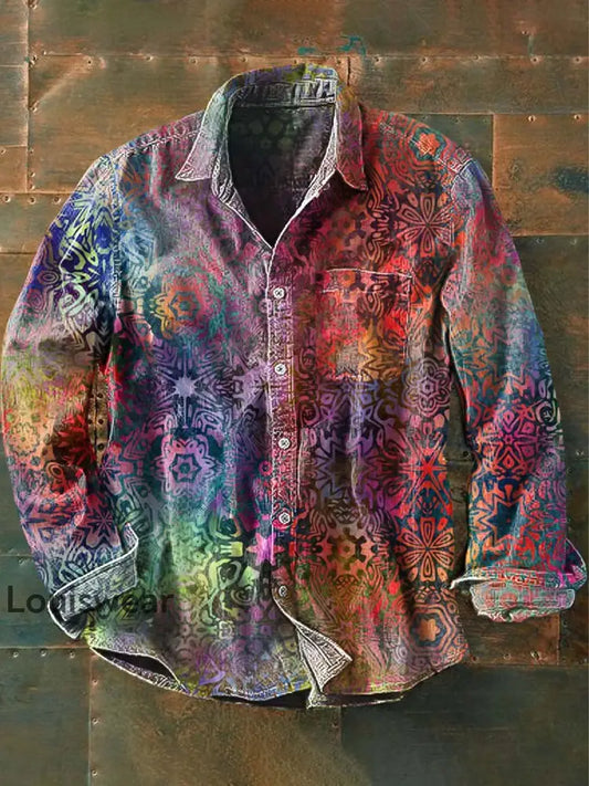 Herren Vintage Ethnische Wirbel Kreis druck Lässiges Revers Langarm Hemd als bild / S