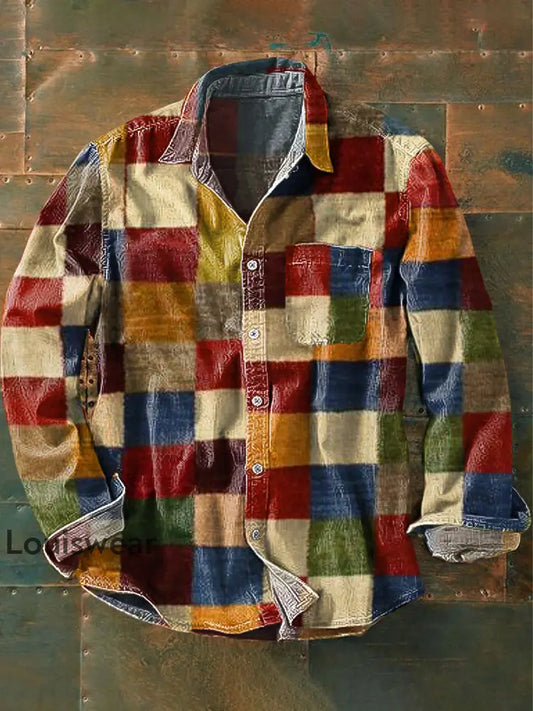 Herren Vintage Farb block Patchwork Kunstdruck Langarm Taschen hemd bunt / S
