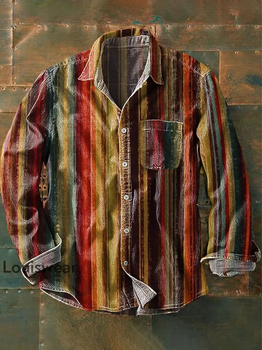 Herren-Vintage-Farbstreifen-Kunstdruck-Revers-Langarm-Taschen hemd bunt / S