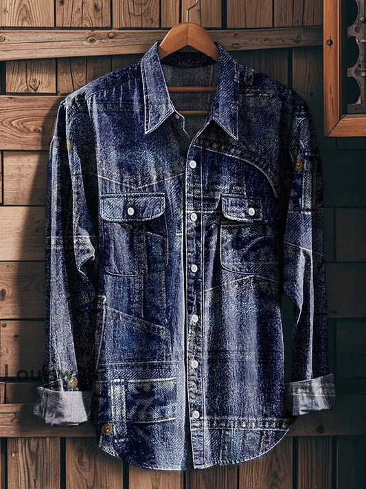 Herren Vintage Jeans Patchwork Muster Langarm Arbeits kleidung Taschen hemd bunt / S