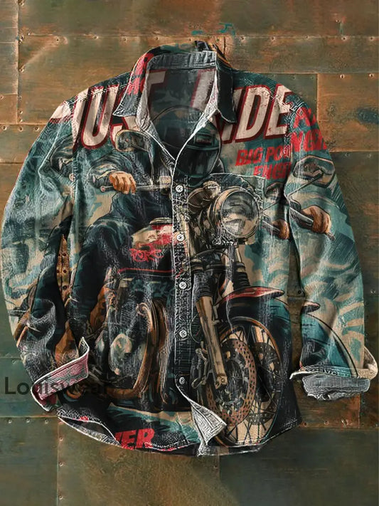 Herren Vintage Just Ride Biker Muster Kunstdruck Langarm Taschen hemd bunt / S