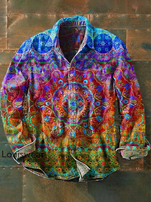 Herren Vintage Mandala Print Lässiges Revers Langarm Hemd Blau / S