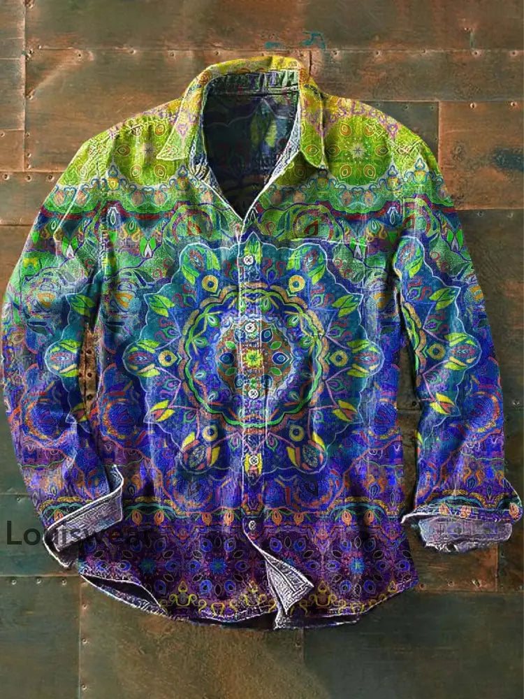Herren Vintage Mandala Print Lässiges Revers Langarm Hemd Gelb / S