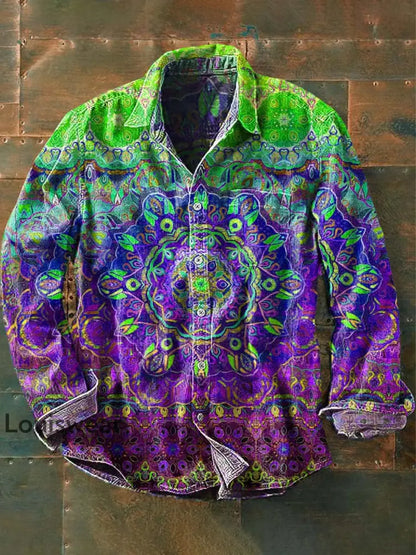 Herren Vintage Mandala Print Lässiges Revers Langarm Hemd Grün / S
