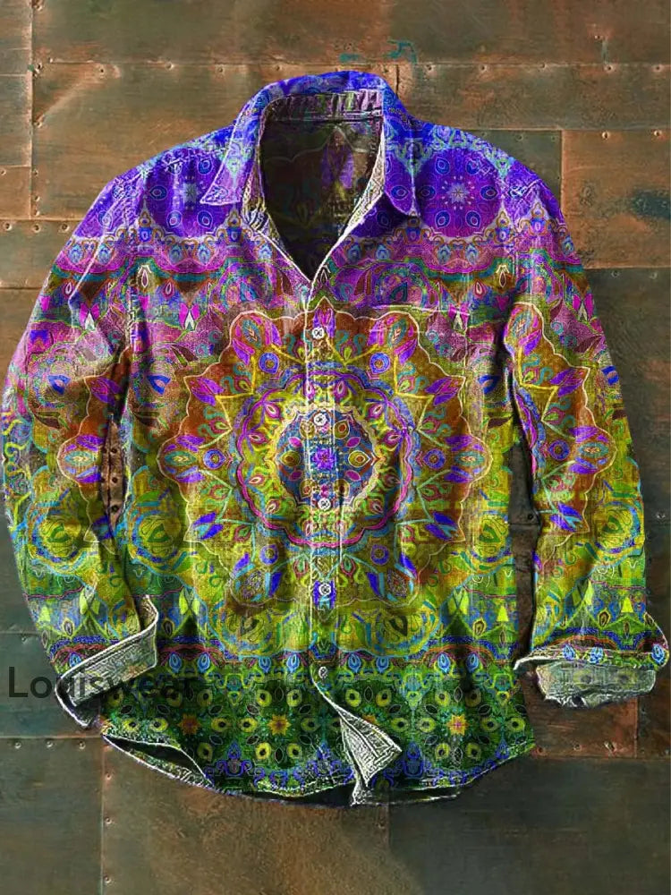 Herren Vintage Mandala Print Lässiges Revers Langarm Hemd Lila / S