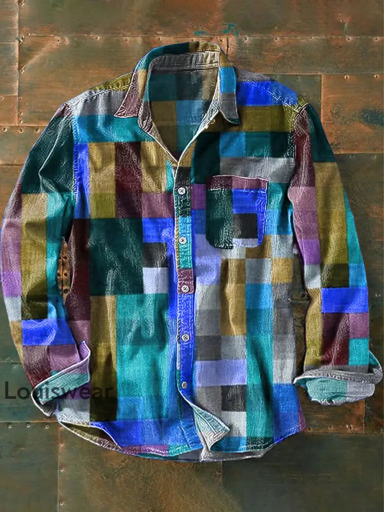Herren Vintage Mehrfarbiges kariertes Kunstdruck-Revers-Langarm-Taschen hemd Blau / S