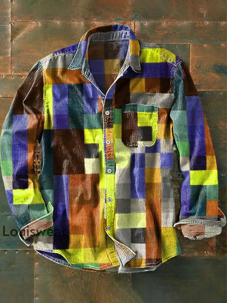 Herren Vintage Mehrfarbiges kariertes Kunstdruck-Revers-Langarm-Taschen hemd Gelb / S