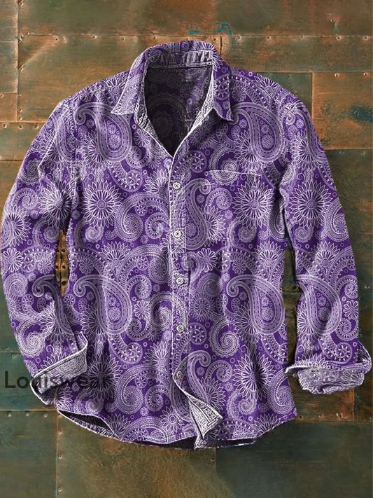 Herren Vintage-Muster bedrucktes lässiges Langarm-Hemd als bild / S