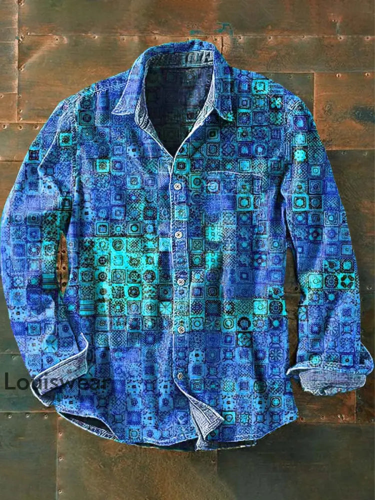 Herren Vintage-Muster gedruckt lässig lang ärmel iges Revers hemd Blau / S